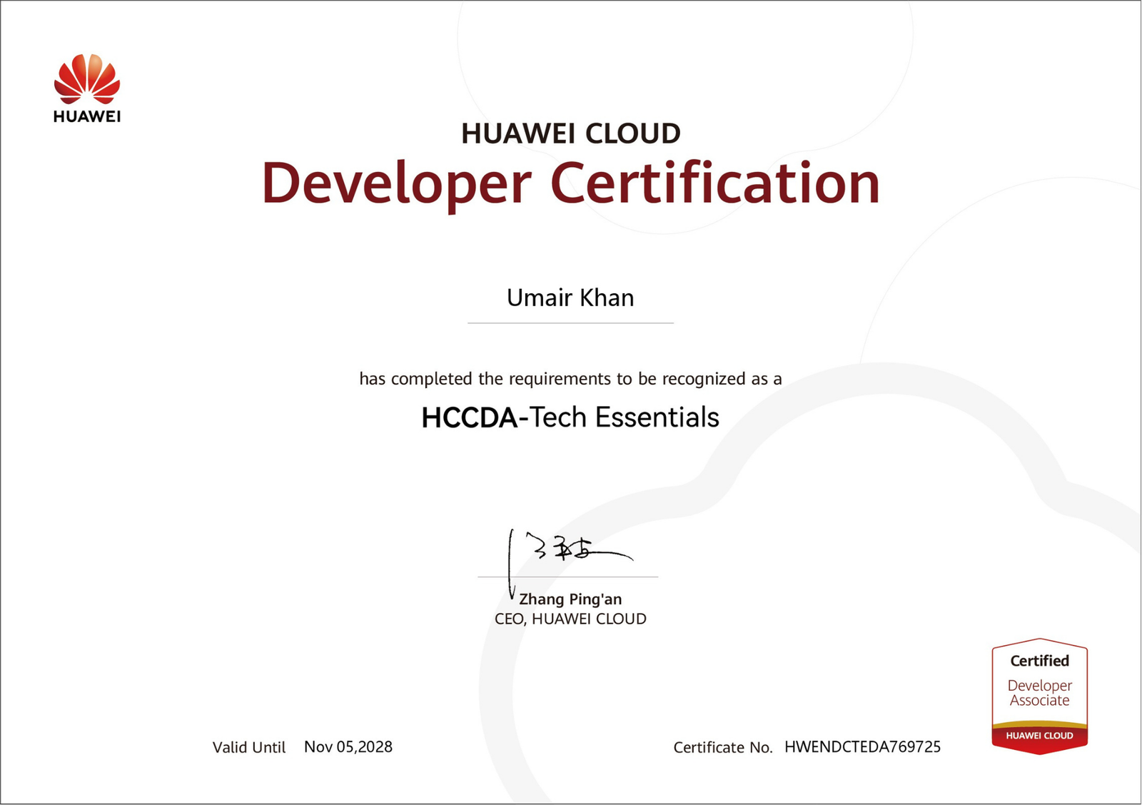 Umair Khan HCCDA Cloud Tech Essentials Certificate